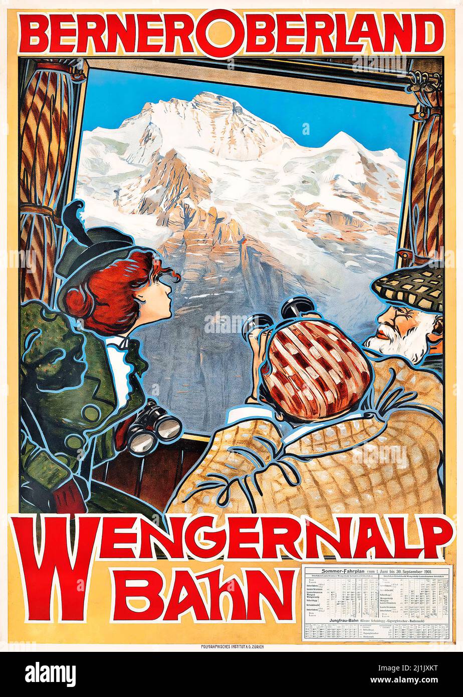 Vintage travel Poster, Wintersport, Ski - Anonymous artist - Berner Oberland, Wengernalp Bahn. Passagiere, die aus dem Fenster schauen. 1901. Stockfoto