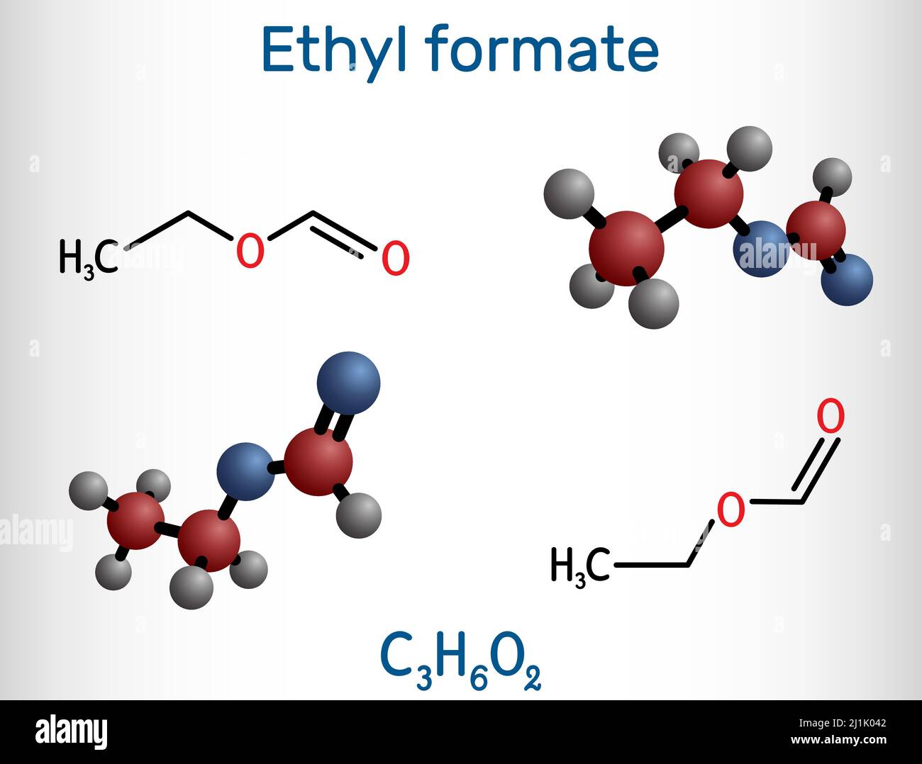 Ethylformiat, Ethylformiat, Ethylmethanoat, Ameisensähermolekül. Es handelt sich um einen Formiatester, der aus Ameisensäure und Ethanol gewonnen wird. Strukturelle Chemikalie Stock Vektor