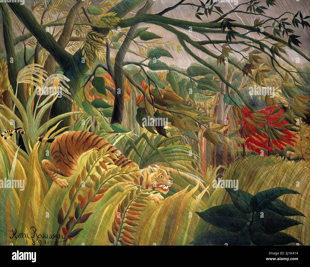 Henri Rousseau's Tiger in a Tropical Storm (1891) berühmtes Gemälde. Stockfoto
