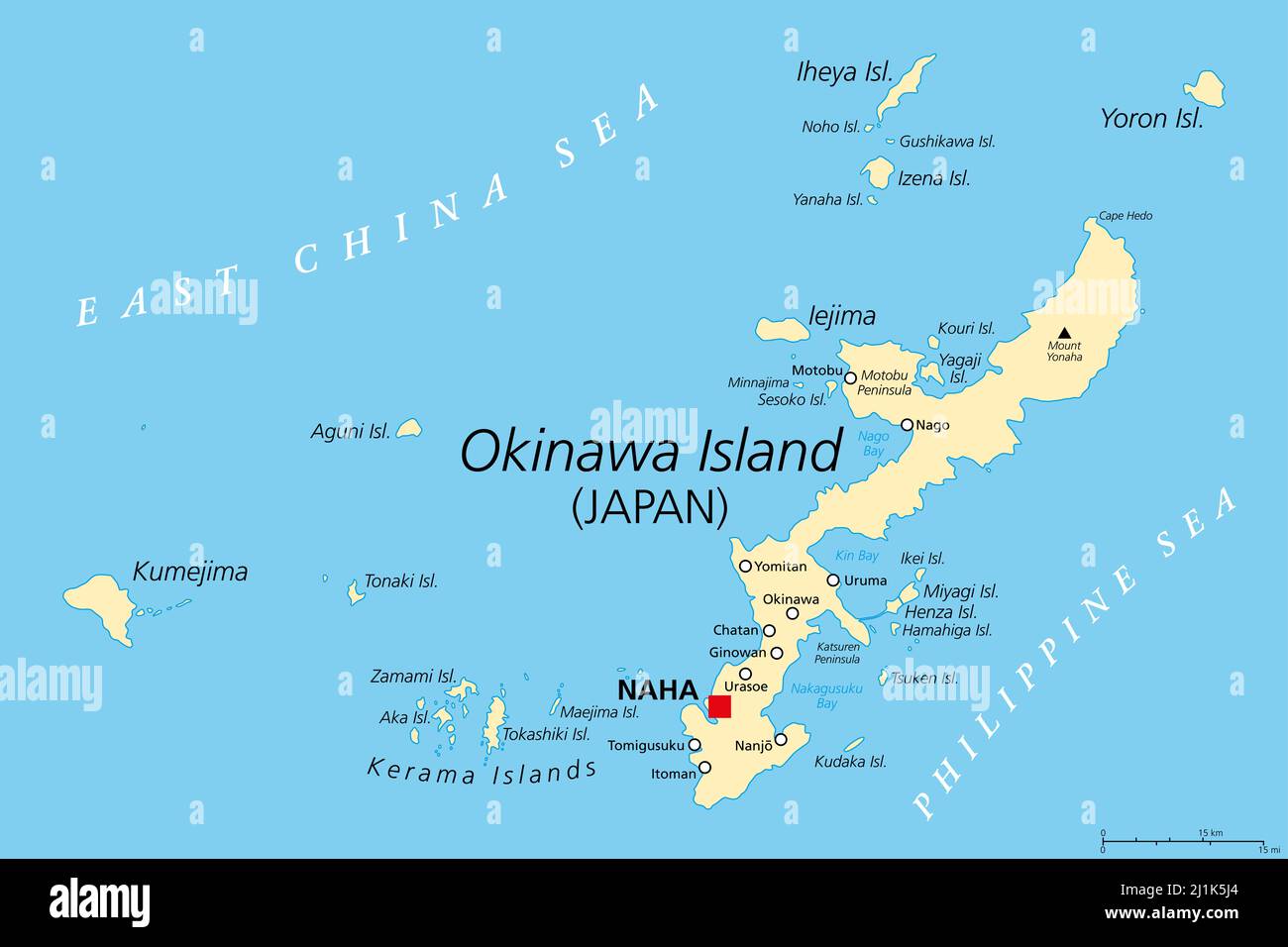 Okinawa-Inseln, politische Landkarte. Inselgruppe in der japanischen Präfektur Okinawa, im Ostchinesischen Meer, mit der Hauptstadt Naha. Teil der Ryukyi-Inseln. Stockfoto