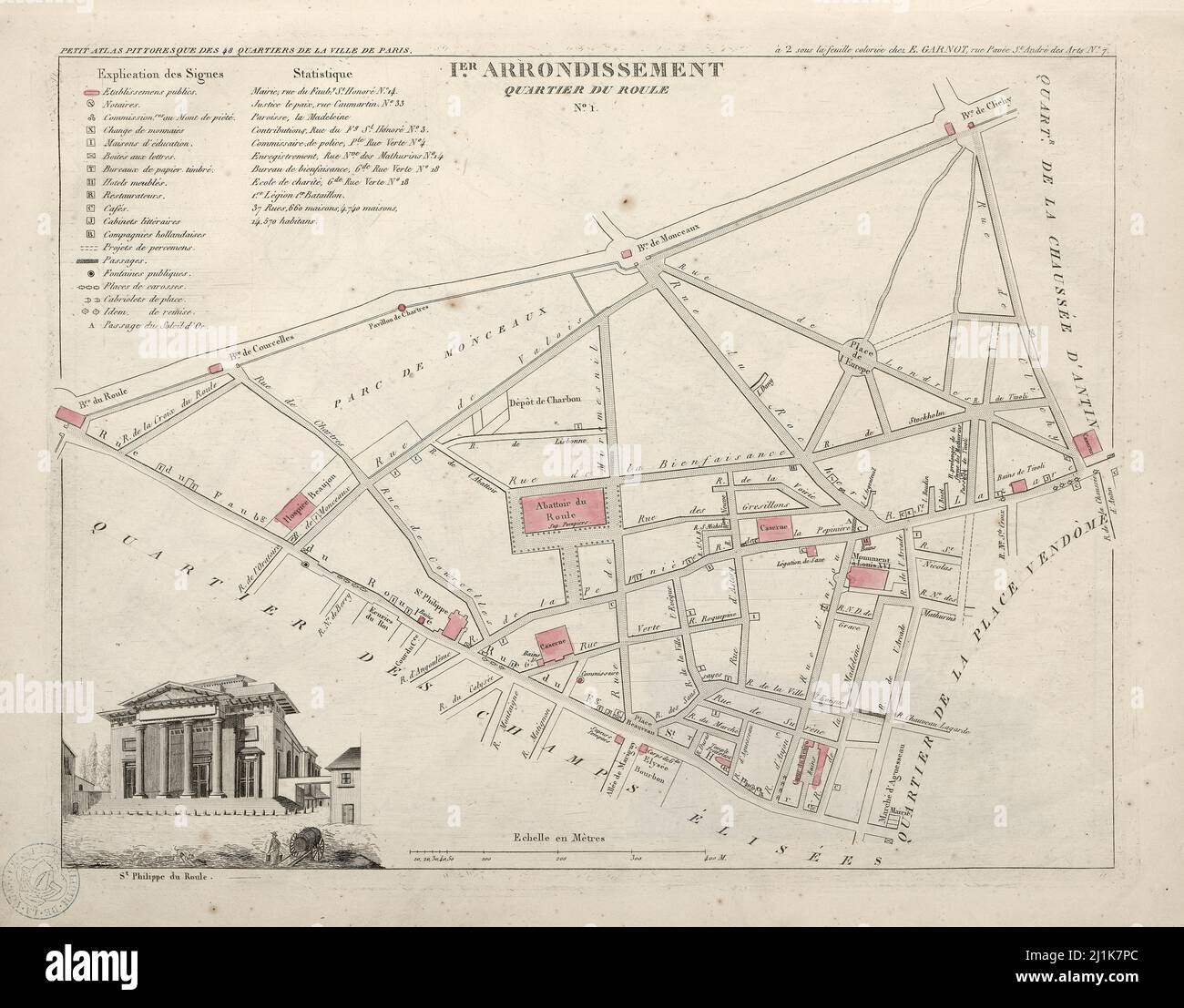 Vintage-Karte von Pariser Vierteln aus dem 19.. Jahrhundert. Der Petit Atlas ist wunderschön gefärbt und zeigt das Paris der damaligen Zeit. Stockfoto