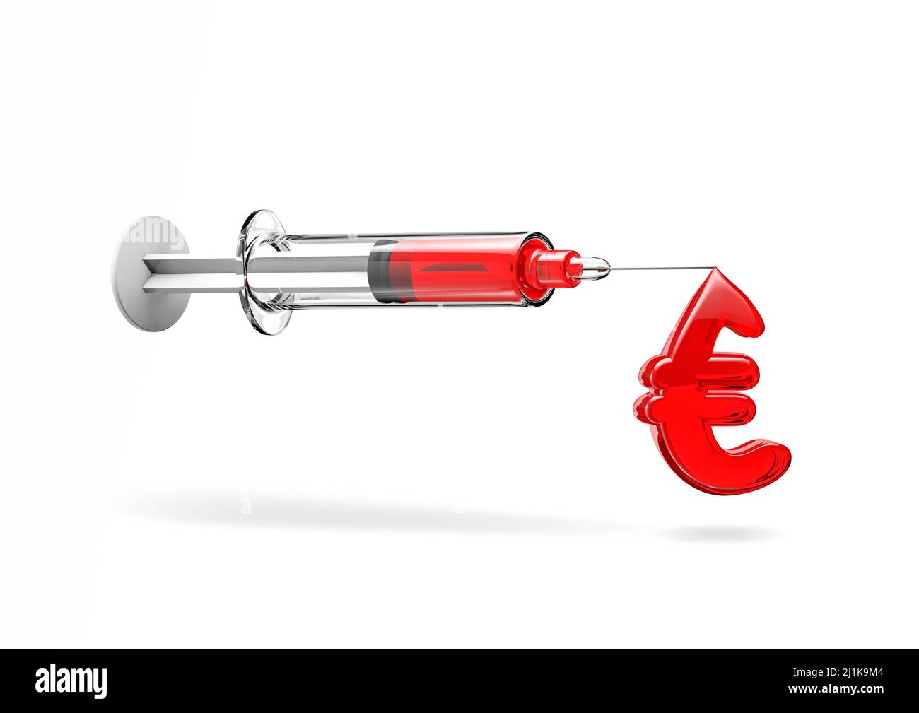 Medizinische Kosten in Europa - 3D Abbildung des Euro-Symbol geformten Tropfens auf der Spitze der medizinischen Spritzennadel isoliert auf weißem Studiohintergrund Stockfoto