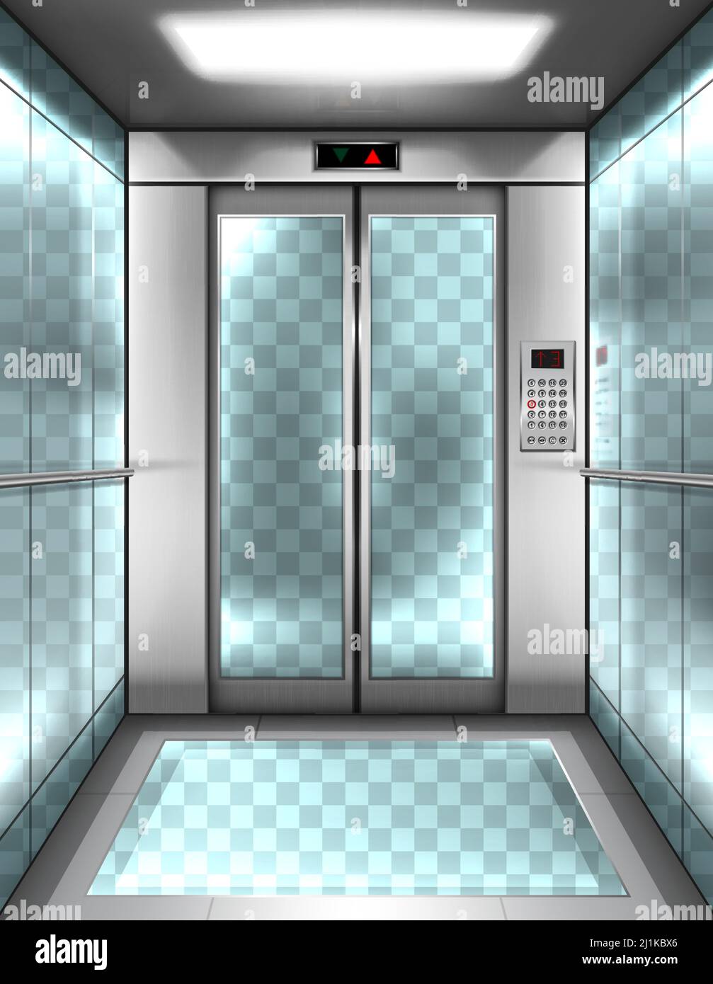 Leere Glas-Fahrstuhlkabine mit transparenten Wänden, Boden und geschlossenen Türen. Vektor realistische Innenraum des Personenlifts mit Tasten Panel und digital Stock Vektor