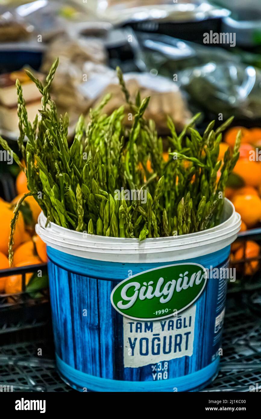 Wilder Spargel auf einem Gemüsestand des Marktes von Lefkoşa, Türkische Republik Nordzypern (TRNC) Stockfoto