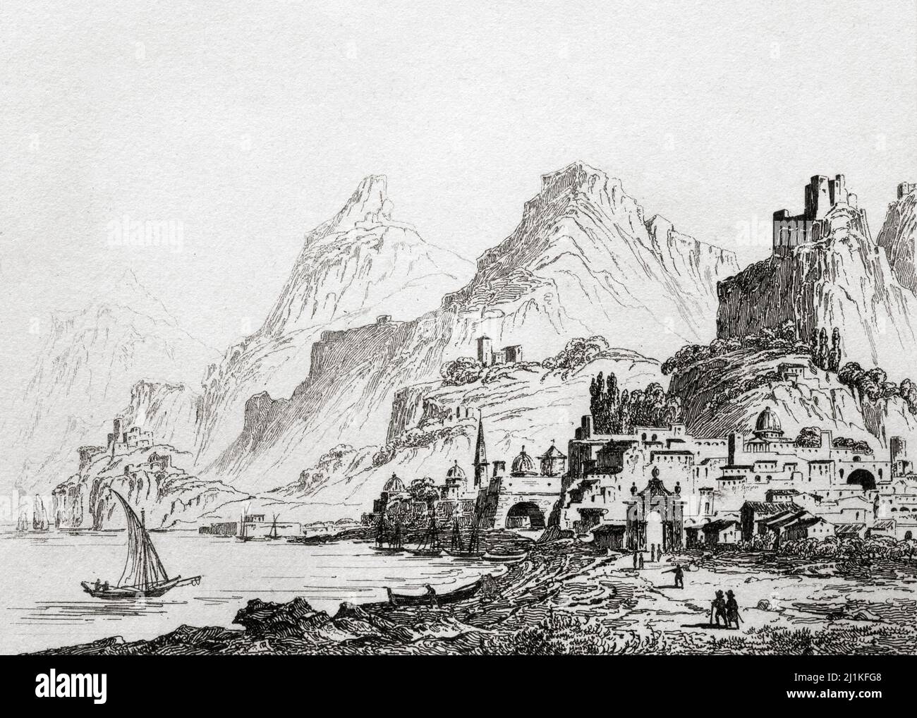 Salerno, Italien. Stahlstich von Lemaitre direxit aus dem 19.. Jahrhundert. Stockfoto