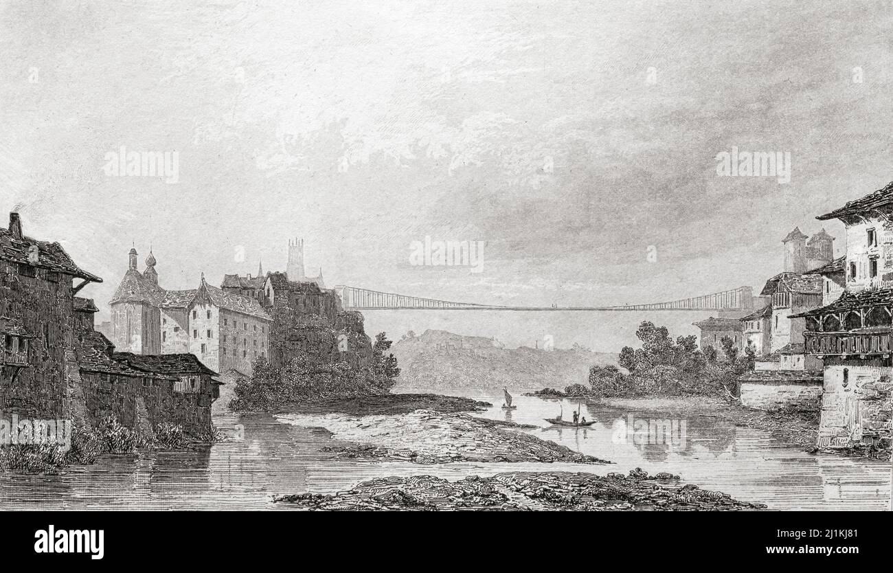 Kettenbrücke über die Sarine bei Fribourg, Schweiz. Stahlstich von Lemaitre direxit aus dem 19.. Jahrhundert. Stockfoto