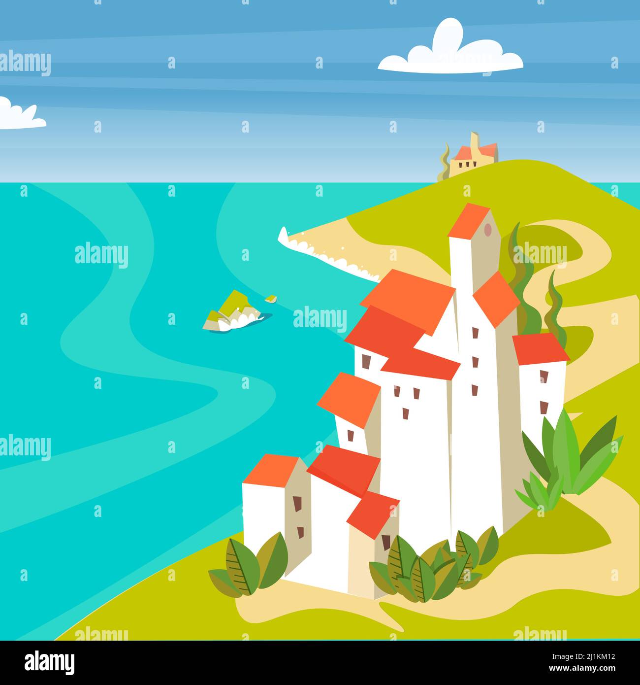 Mediterrane Inseln mit Häusern im Sommer. Vektor flach im Landscape-Bild. Stock Vektor