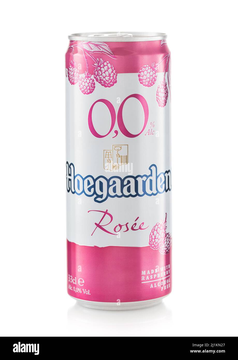 LONDON, Großbritannien - FEBRUAR 01,2022: Alkoholfreies Hoegaarden Rosenbier auf Weiß. Stockfoto