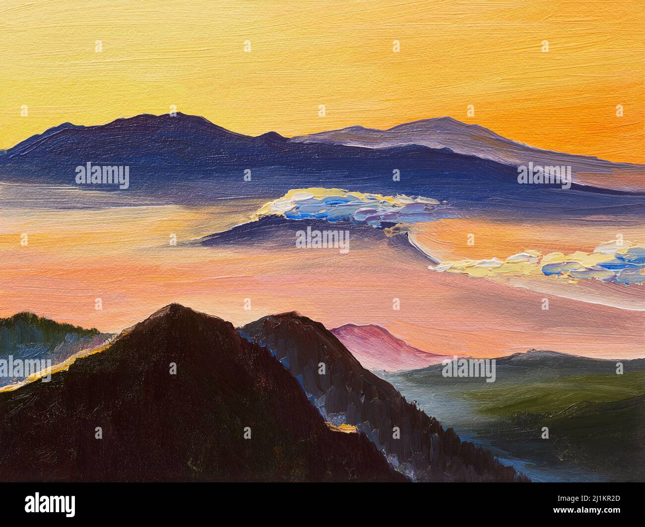 Ölgemälde auf Leinwand, Sonnenuntergang in den Bergen Stockfoto