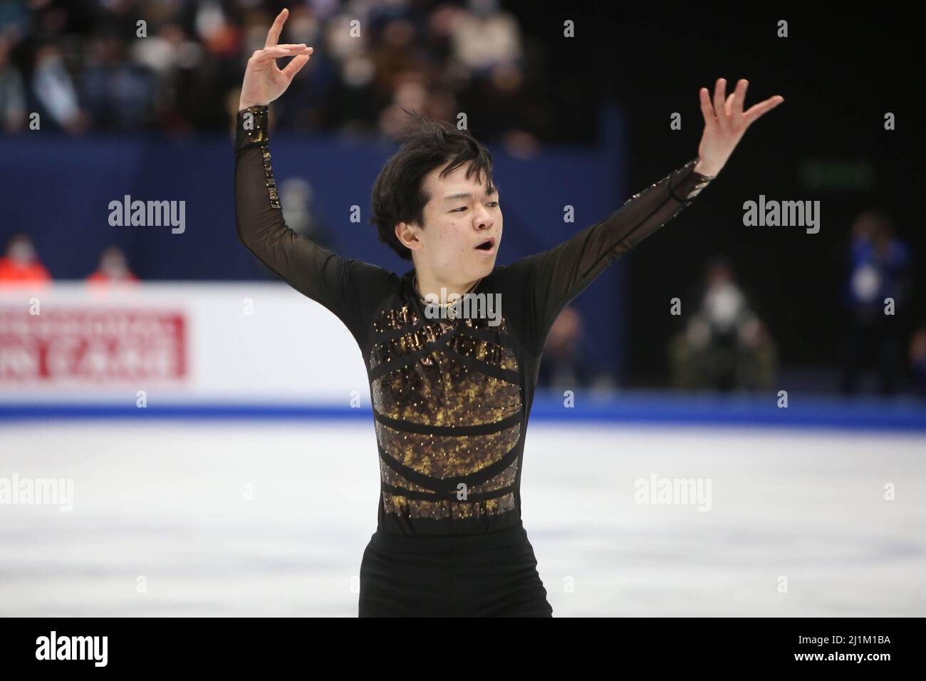 Yuma Kagiyama aus Japan während der ISU-Eiskunstlauf-Weltmeisterschaften 2022 am 26. März 2022 in der Sud de France Arena in Montpellier, Frankreich - Foto: Laurent Lairys/DPPI/LiveMedia Stockfoto