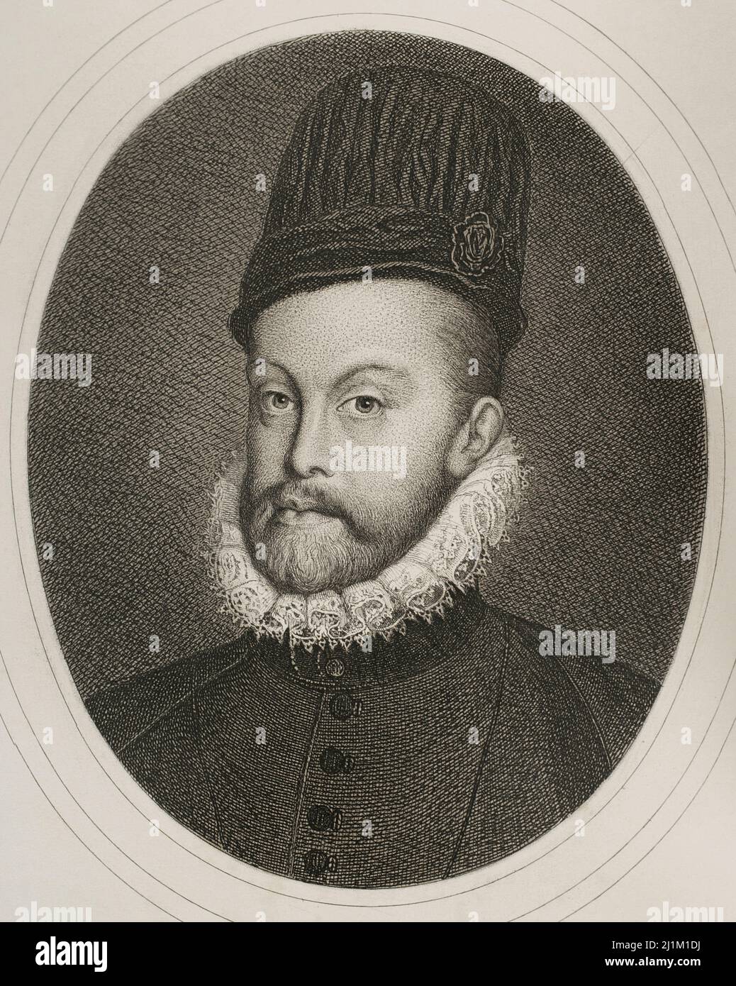 Philipp II. (1527-1598). König von Spanien (1556-1598). Sohn von Kaiser Karl V. und Isabella von Portugal. Hochformat. Gravur von Masson. Lithographie von Magín Pujadas. Historia General de España, von Modesto Lafuente. Band III Veröffentlicht in Barcelona, 1879. Stockfoto