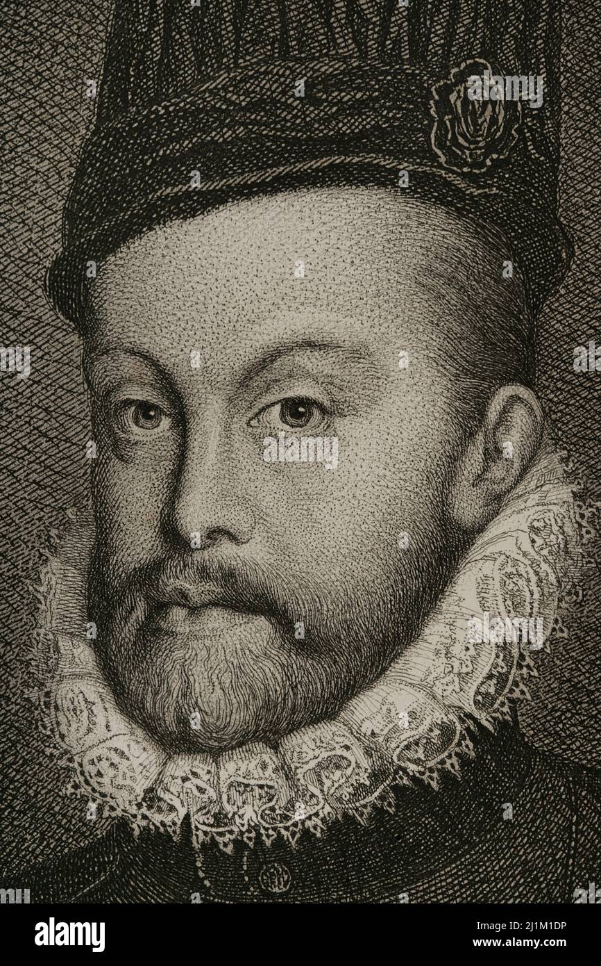 Philipp II. (1527-1598). König von Spanien (1556-1598). Sohn von Kaiser Karl V. und Isabella von Portugal. Hochformat. Details. Gravur von Masson. Lithographie von Magín Pujadas. Historia General de España, von Modesto Lafuente. Band III Veröffentlicht in Barcelona, 1879. Stockfoto Philipp II. (1527-1598). König von Spanien (1556-1598). Sohn von Kaiser Karl V. und Isabella von Portugal. Hochformat. Details. Gravur von Masson. Lithographie von Magín Pujadas. Historia General de España, von Modesto Lafuente. Band III Veröffentlicht in Barcelona, 1879. Stockfoto