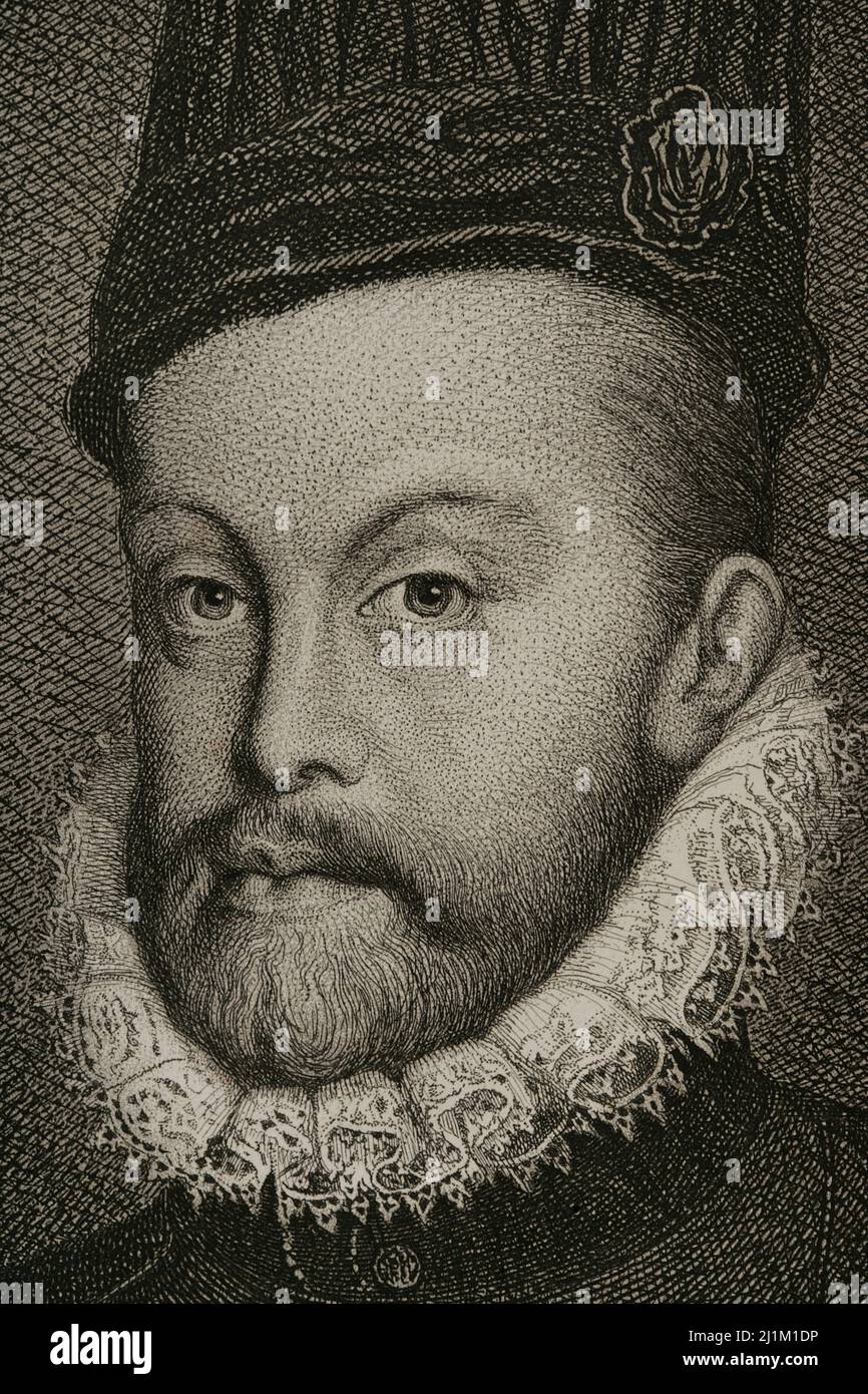 Philipp II. (1527-1598). König von Spanien (1556-1598). Sohn von Kaiser Karl V. und Isabella von Portugal. Hochformat. Details. Gravur von Masson. Lithographie von Magín Pujadas. Historia General de España, von Modesto Lafuente. Band III Veröffentlicht in Barcelona, 1879. Stockfoto