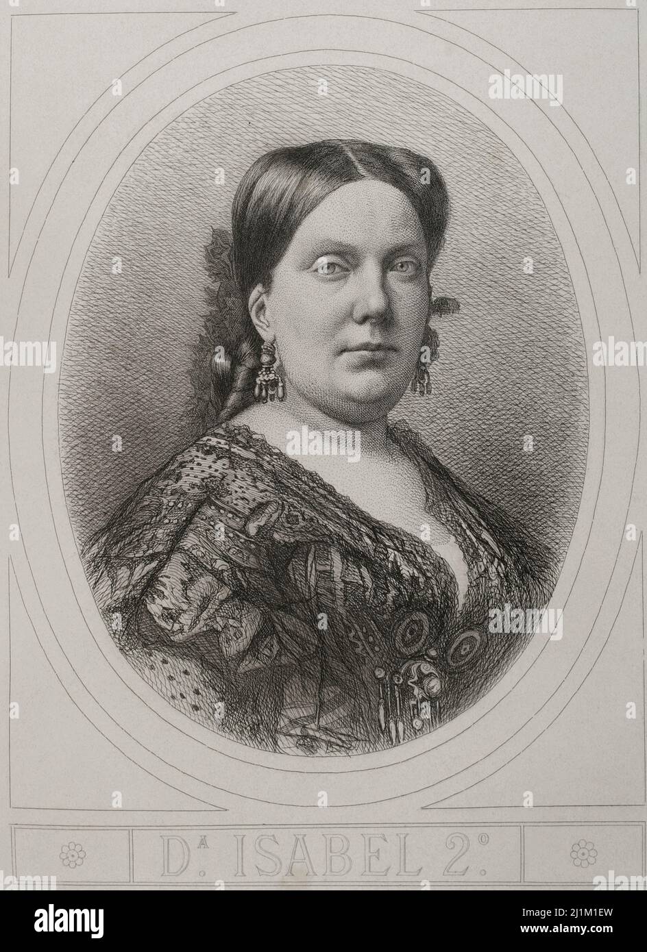 Isabella II. (1830-1904). Königin von Spanien von 1833 bis 1868. Hochformat. Gravur. Historia General de España, von Modesto Lafuente. Band VI. Veröffentlicht in Barcelona, 1882. Stockfoto