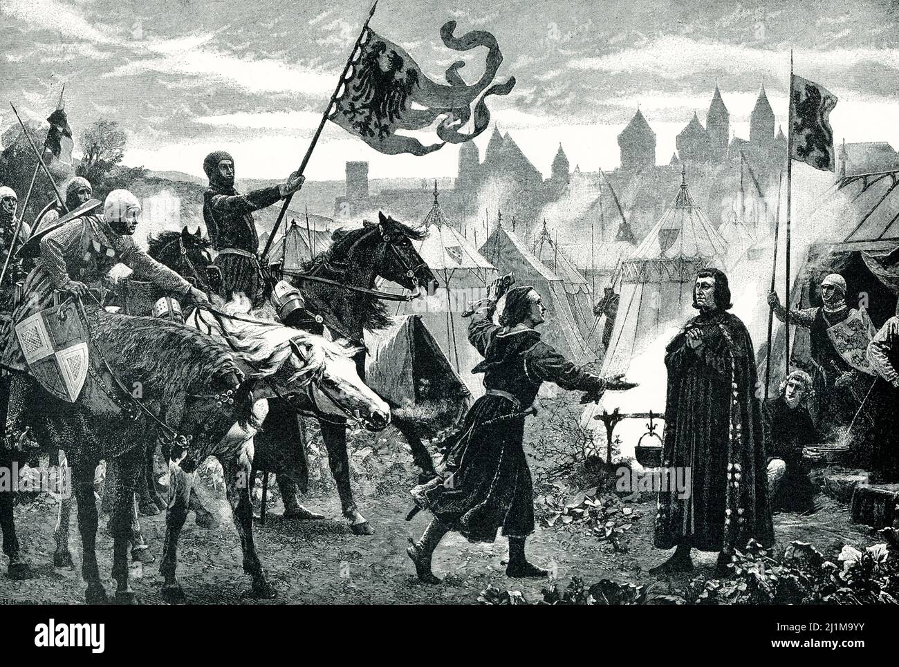 Die 1906 übersetzte Überschrift lautet: „Rudolf von Habsburg erhält die Nachricht von seiner Wahl zum Kaiser. Graf Rudolf von Habsburg war in einen Privatkrieg gegen die Schweizer Stadt Basel verwickelt, als ihm 1273 das völlig unerwartete Wort erreichte, er sei zum Kaiser von Deutschland gewählt worden. Seine erste offizielle Handlung bestand darin, die Nachricht an seine Feinde in Basel zu senden. Mit der Botschaft „Ich bin jetzt der stärkere“ bot er ihnen solche liberalen Friedensbedingungen an, die sie zu seinen ergebenden Verbündeten machten. Er erwies sich als einer der besten und fähigsten deutschen Kaiser. Seine Nachkommen setzten sich bis ins frühe 20.. Jahrhundert auf dem österreichischen Thron fort, wh Stockfoto