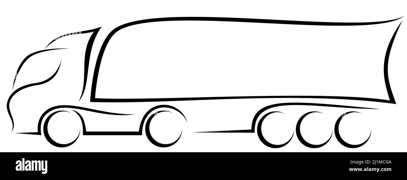 Dynamische Vektordarstellung eines europäischen Lkw mit dreiachsigen Anhängern als Logo für ein Lieferunternehmen Stockfoto