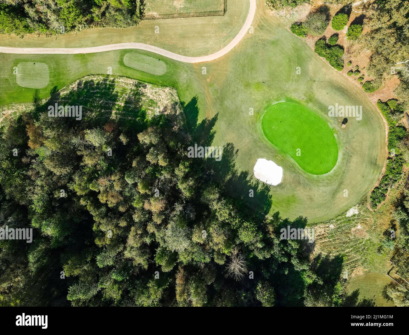 Eine Luftaufnahme des Golfplatzes und der Waldbäume Stockfoto