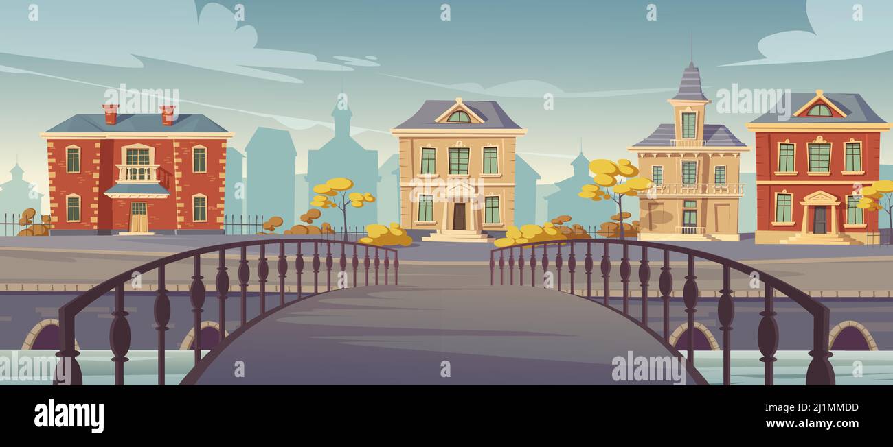 Stadtstraße mit Blick auf alte Gebäude von der Brücke. Vintage europäischen kolonialen viktorianischen Häusern an der Promenade. Stadtbild Retro-Architektur, 19. Jahrhundert t Stock Vektor
