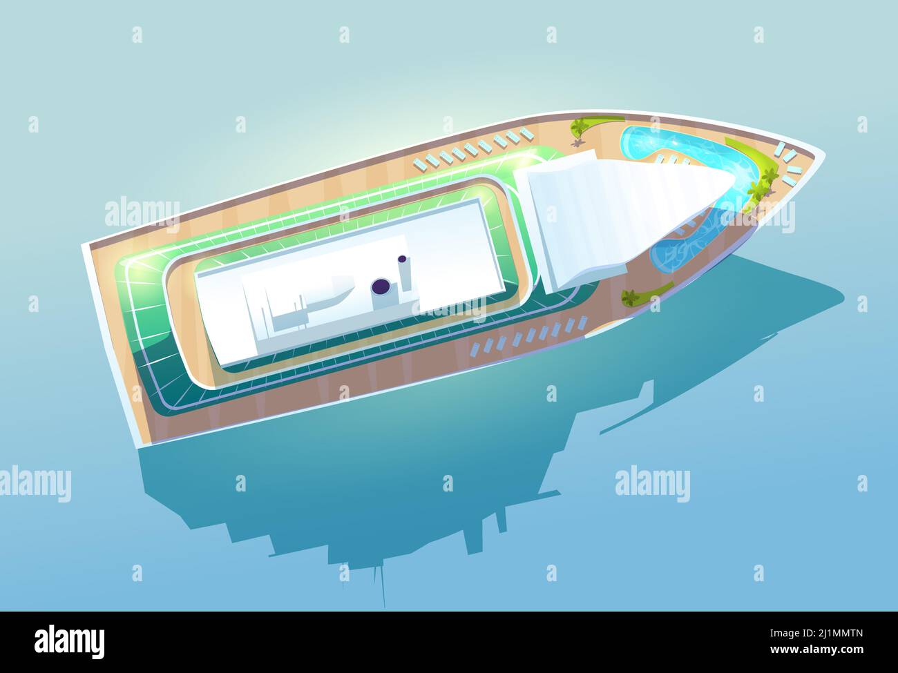 Kreuzfahrtschiff. Luxus Passagierflugzeug für Sommerurlaub und Seefahrt Draufsicht. Vektor-Cartoon-Illustration von großen Kreuzfahrtschiff für Ocean Trip mit sw Stock Vektor