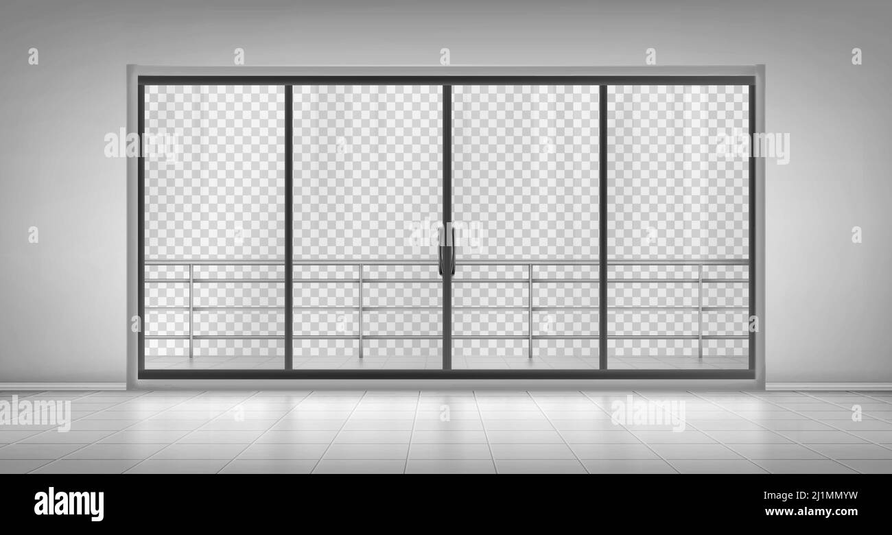 Glastür mit Balkongeländer und geschlossenen Türen isoliert auf transparentem Hintergrund. Leeres Zimmer mit Fliesenboden, Hotelappartement, Einkaufszentrum, offic Stock Vektor