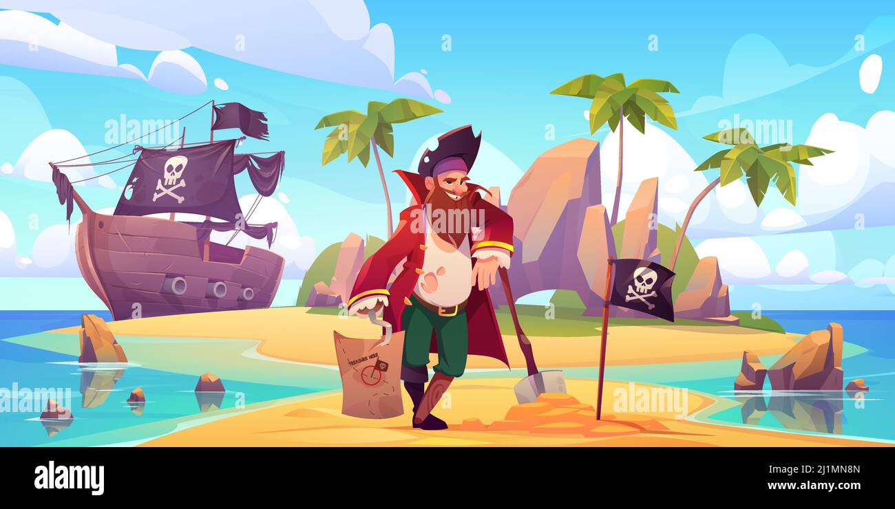 Piraten vergraben Schatzkiste auf Insel Strand. Vektor-Cartoon-Figur mit Haken, Holzbein und Bart im Matrosen-Kostüm. Illustration von tropischer isl Stock Vektor