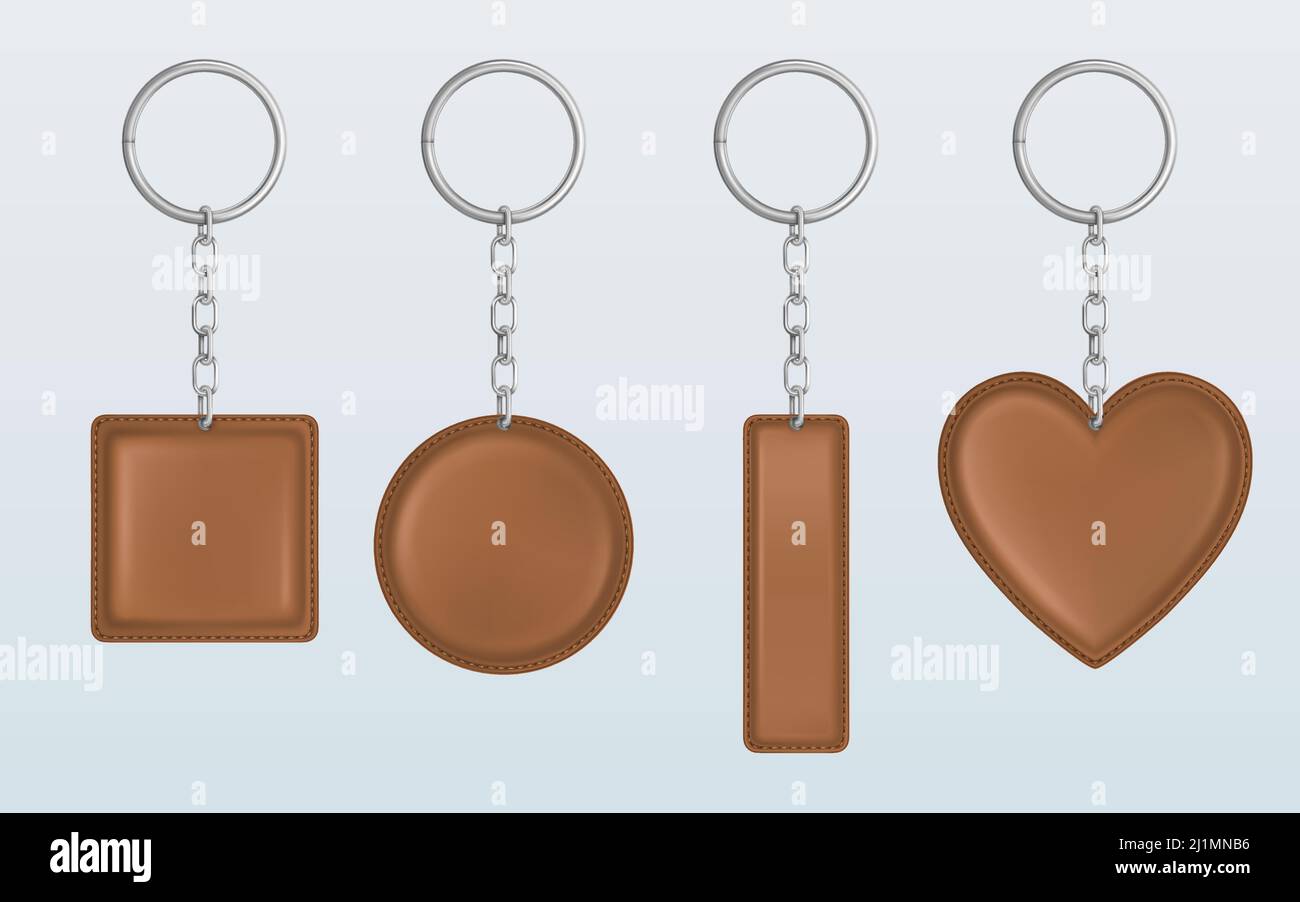 Schlüsselanhänger aus Leder, Haltertrinket für Schlüssel mit Metallkette und Ring. Vektor realistische Vorlage von braunen Anhänger für Auto, Haus oder Büro isoliert auf weiß b Stock Vektor