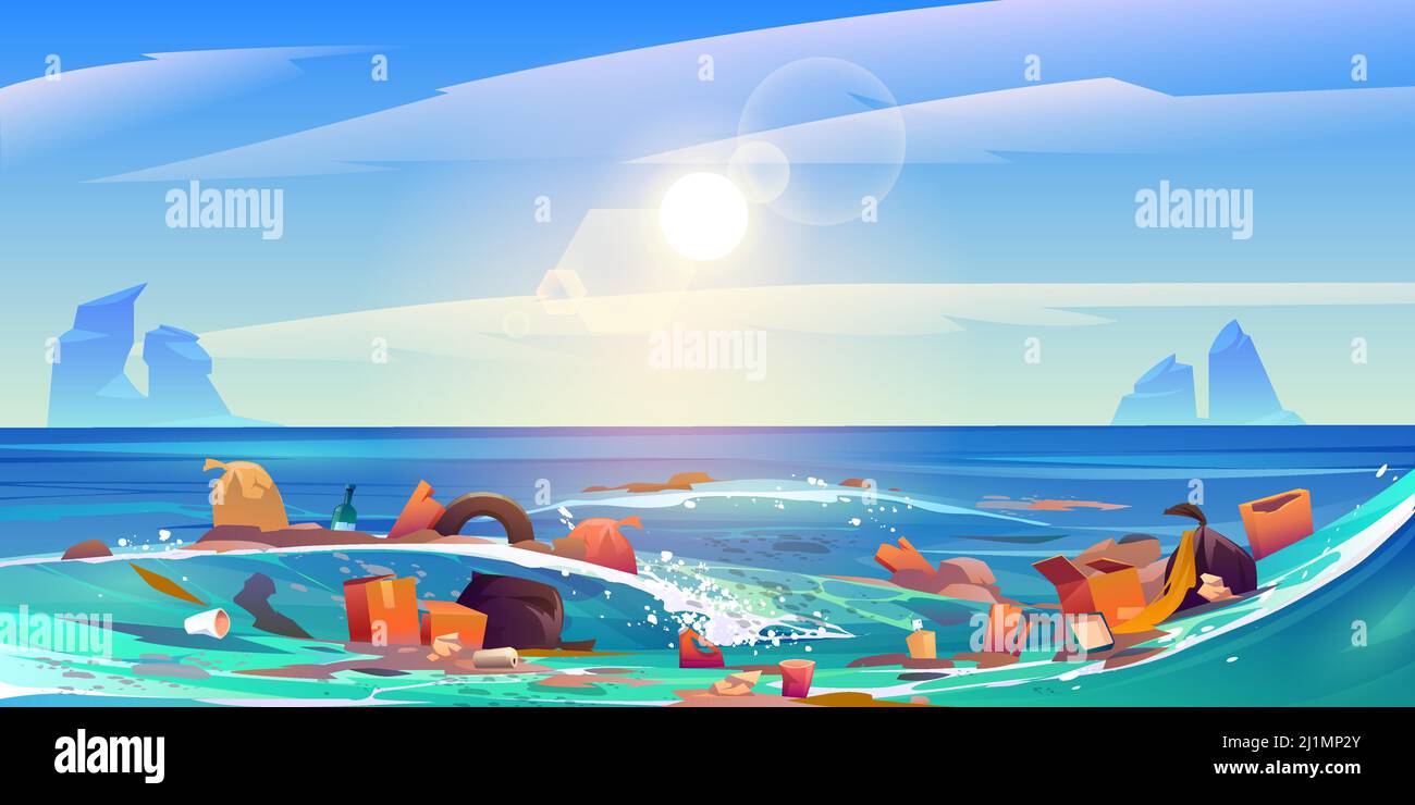 Verschmutzung Meer durch Plastikmüll, Müll im Wasser. Vektor Cartoon Landschaft des pazifischen Ozeans mit schwimmenden schmutzigen Abfall, Flaschen, Boxen und Taschen. Umweltmedizin Stock Vektor
