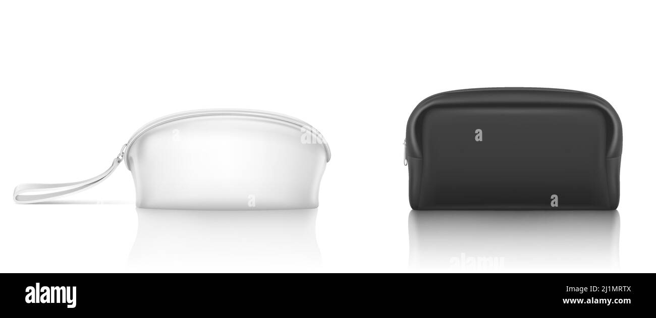 Weiße, schwarze Kosmetiktasche mit Reißverschluss für Make-up und Beauty-Tools. Vektor realistische Mockup von leerem Stoff Beutel mit Reißverschluss für Toilettenartikel, Seife und Körper Stock Vektor
