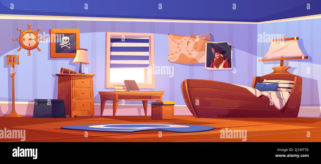 Kinderzimmer-Innenausstattung in Piraten-Thema mit Schiffsbett, Kapitäns-Porträt und Piratenflagge an der Wand. Vektor-Cartoon-Illustration von leeren Kinderzimmer w Stock Vektor