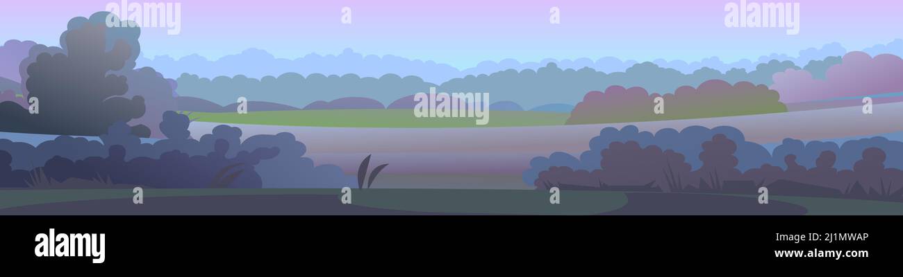 Abendlandschaft. Horizontale Abbildung. Ländliche Landschaft schöne Aussicht. Dämmerung nach Sonnenuntergang. Früh am Morgen vor Sonnenaufgang. Felder und Met Stock Vektor