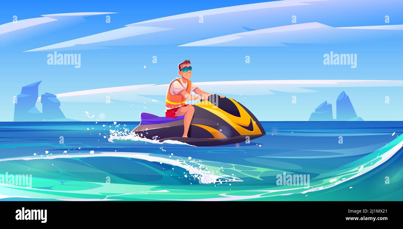 Mann auf Jet-Ski im Meer. Junger Mann reitet Aquabike auf Meereswellen. Vektor-Cartoon-Illustration der Meereslandschaft mit Person in Sonnenbrillen auf Wasserroller Stock Vektor