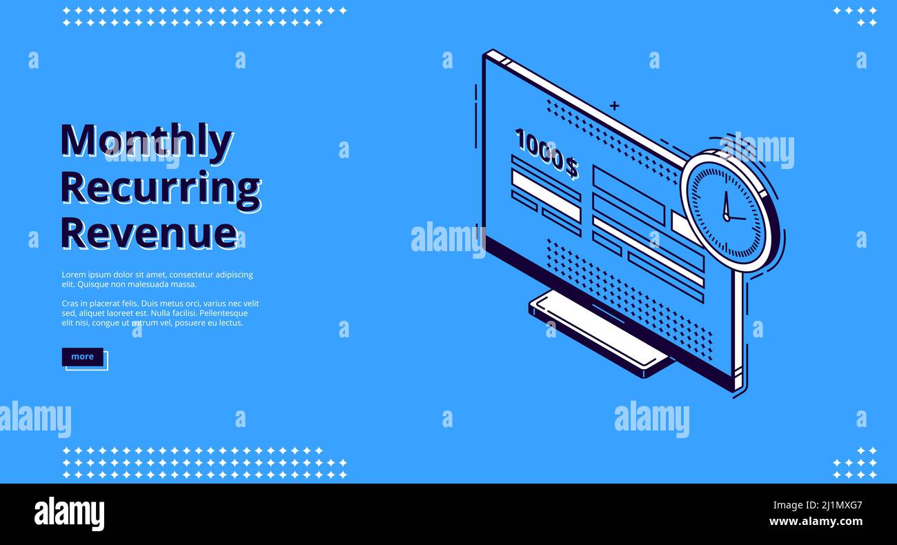 Banner für monatliche wiederkehrende Einnahmen. Fixgewinn und -Zahlungen, MRR-Konzept. Vektor Landing Page von wiederkehrenden Einkommen mit isometrischen Symbolen von Rechnungen auf c Stock Vektor
