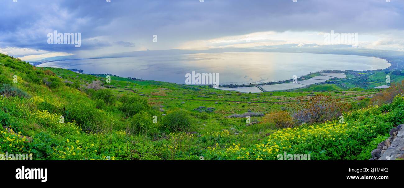 Panoramablick auf das Galiläische Meer, von den Golanhöhen aus, an einem nebligen Wintertag. Nord-Israel Stockfoto