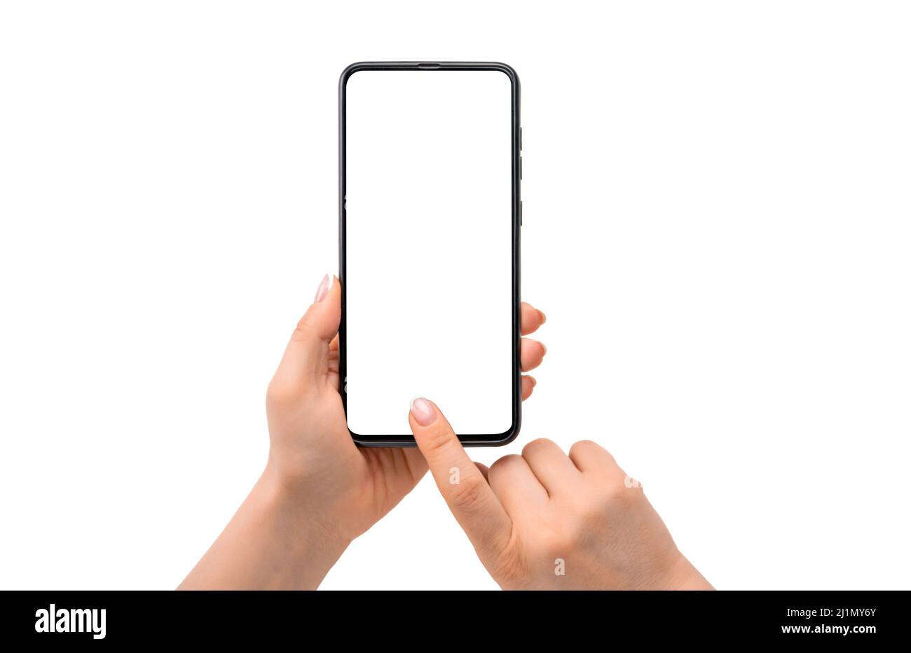 Frau Hand mit Smartphone isoliert auf weißem Hintergrund. Weibliche Hände mit Handy. Handy blank weißen Bildschirm mockup.Frau Hand hält SMS Stockfoto