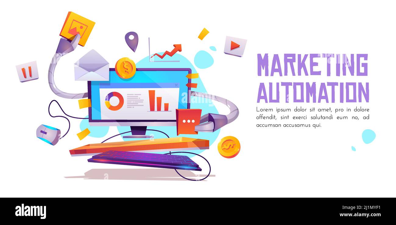 Banner zur Marketing-Automatisierung. Technologie für SEO, Internet, digitale Geschäftsinhalte. Roboter-Computer-Desktop mit Roboter Hände halten Büro Attribute Stock Vektor