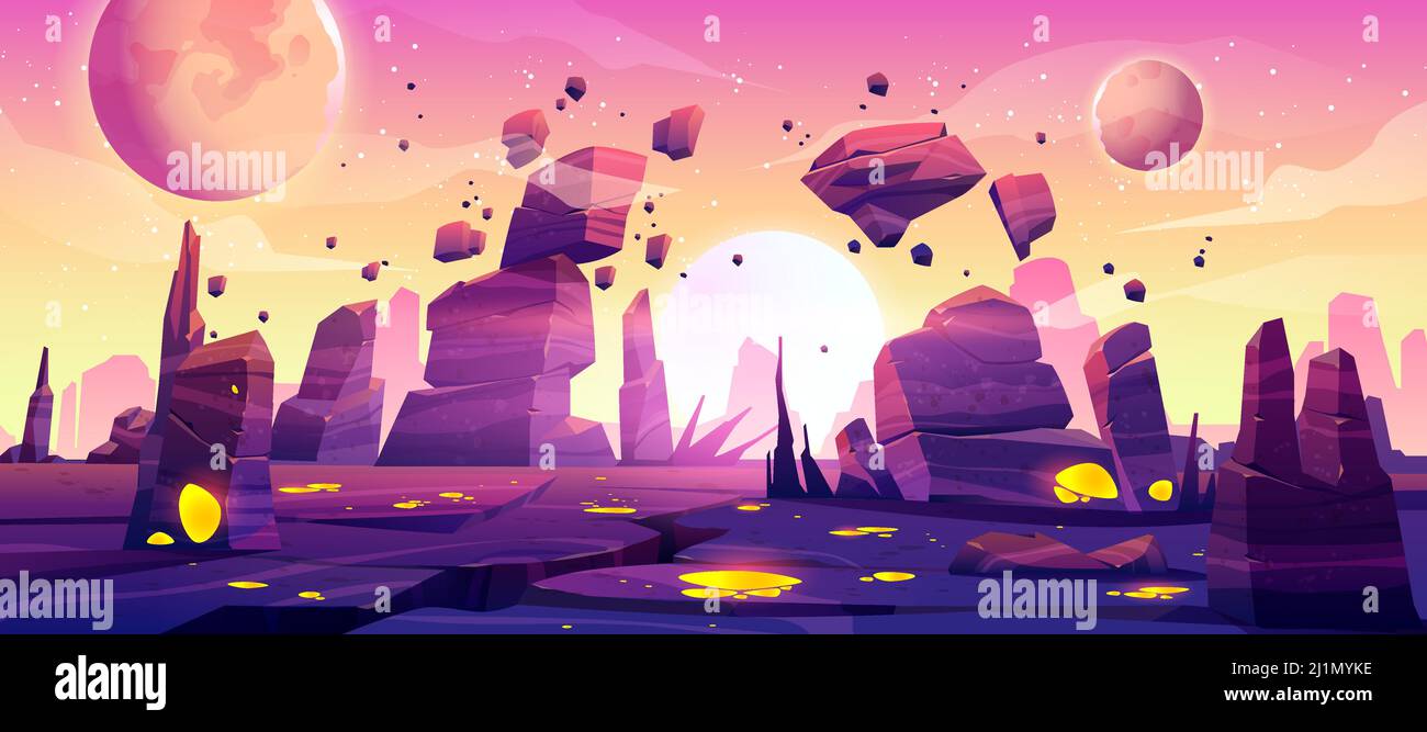 Alien Planet Landschaft für Raum Spiel Hintergrund. Vektor Cartoon Fantasy Illustration von Kosmos und Planetenoberfläche mit Felsen, Risse, glühende Flecken a Stock Vektor