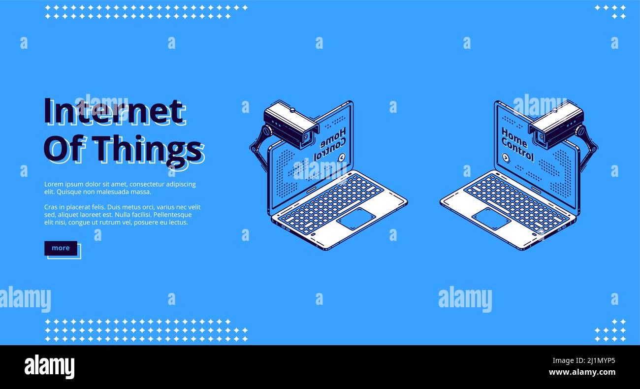 Internet der Dinge isometrisches Webbanner. Laptop mit Home Control Schriftzug auf dem Bildschirm und Smart House Ausrüstung, Kamera für Home Control, iot Technolo Stock Vektor