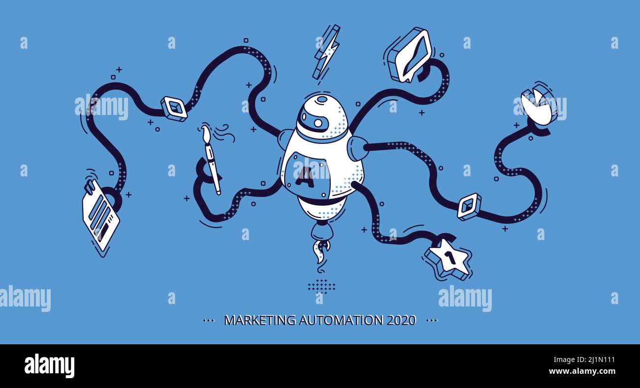 Marketing Automation 2020 isometrisches Banner. Technologie für SEO, Internet, digitale Business-Inhalte. Octopus Roboter mit vielen Händen halten Büro-Attribut Stock Vektor
