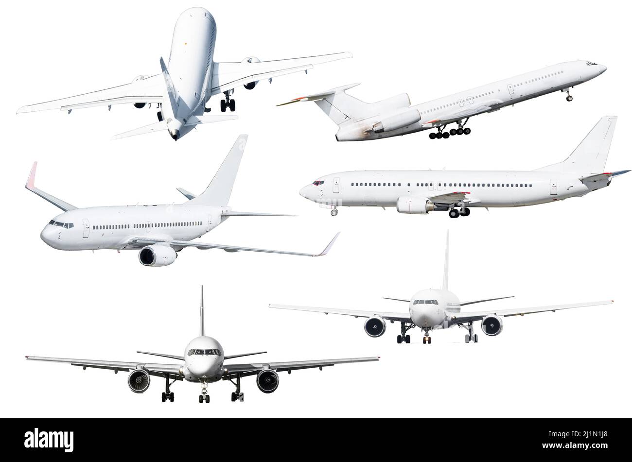 Satz von sechs Flugzeugen, die vom Hintergrund isoliert sind. Stockfoto