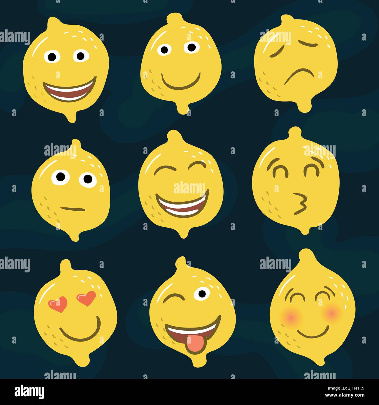 Set von gelben Zitronen Symbole Emotionen Smileys. Stock Vektor