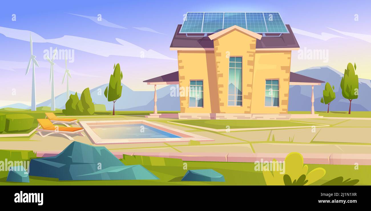 Haus mit Sonnenkollektoren und Windmühlen. Umweltfreundliches Haus, modernes Gebäude auf Naturlandschaft mit Bäumen und Schwimmbad. Grüne erneuerbare Energie, o Stock Vektor