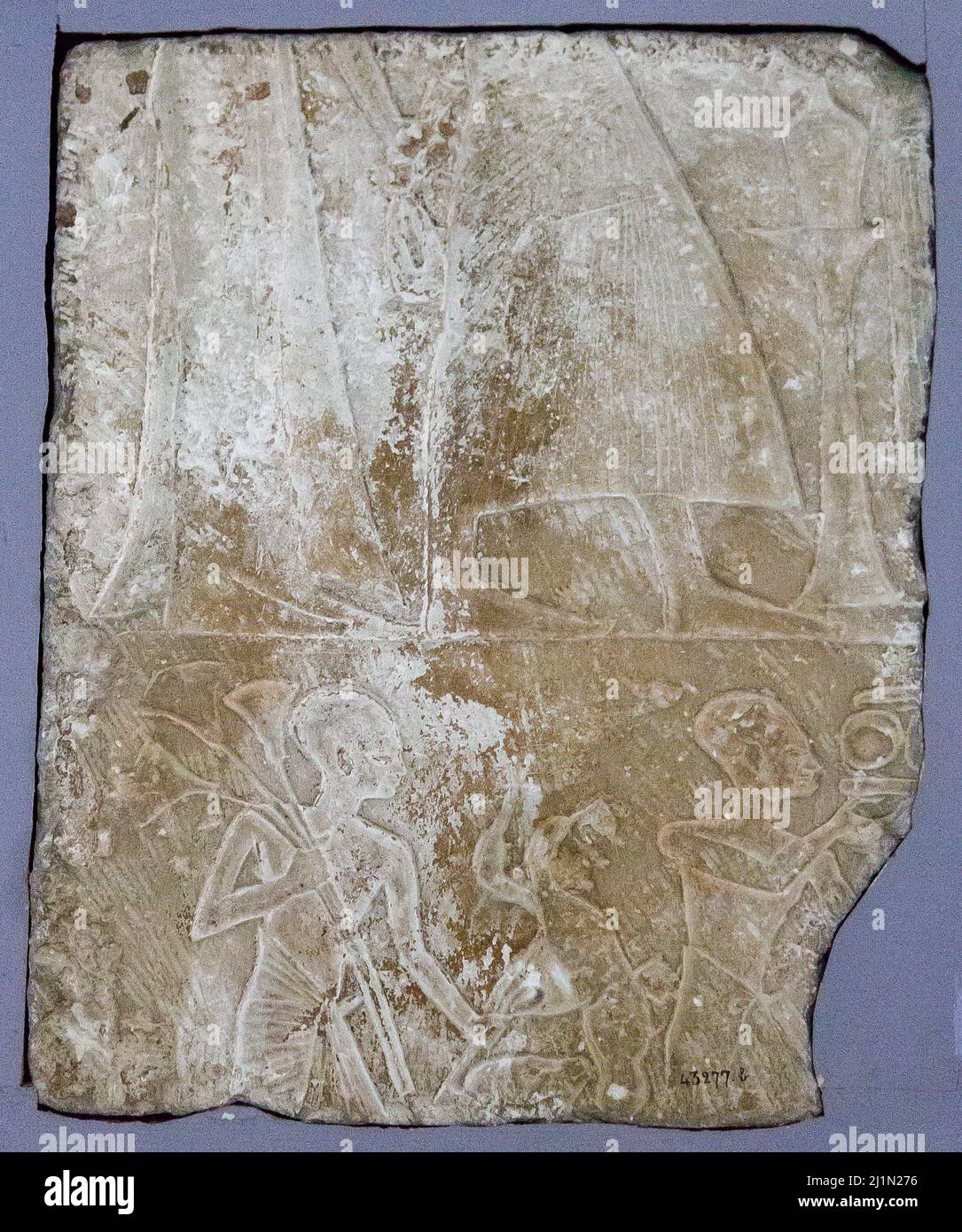 Kairo, Ägyptisches Museum, Relief des Grabes von Kayri, New Kingdom, aus Saqqara. Beine von dem verstorbenen und seiner Frau, bieten Bringer unten. Stockfoto