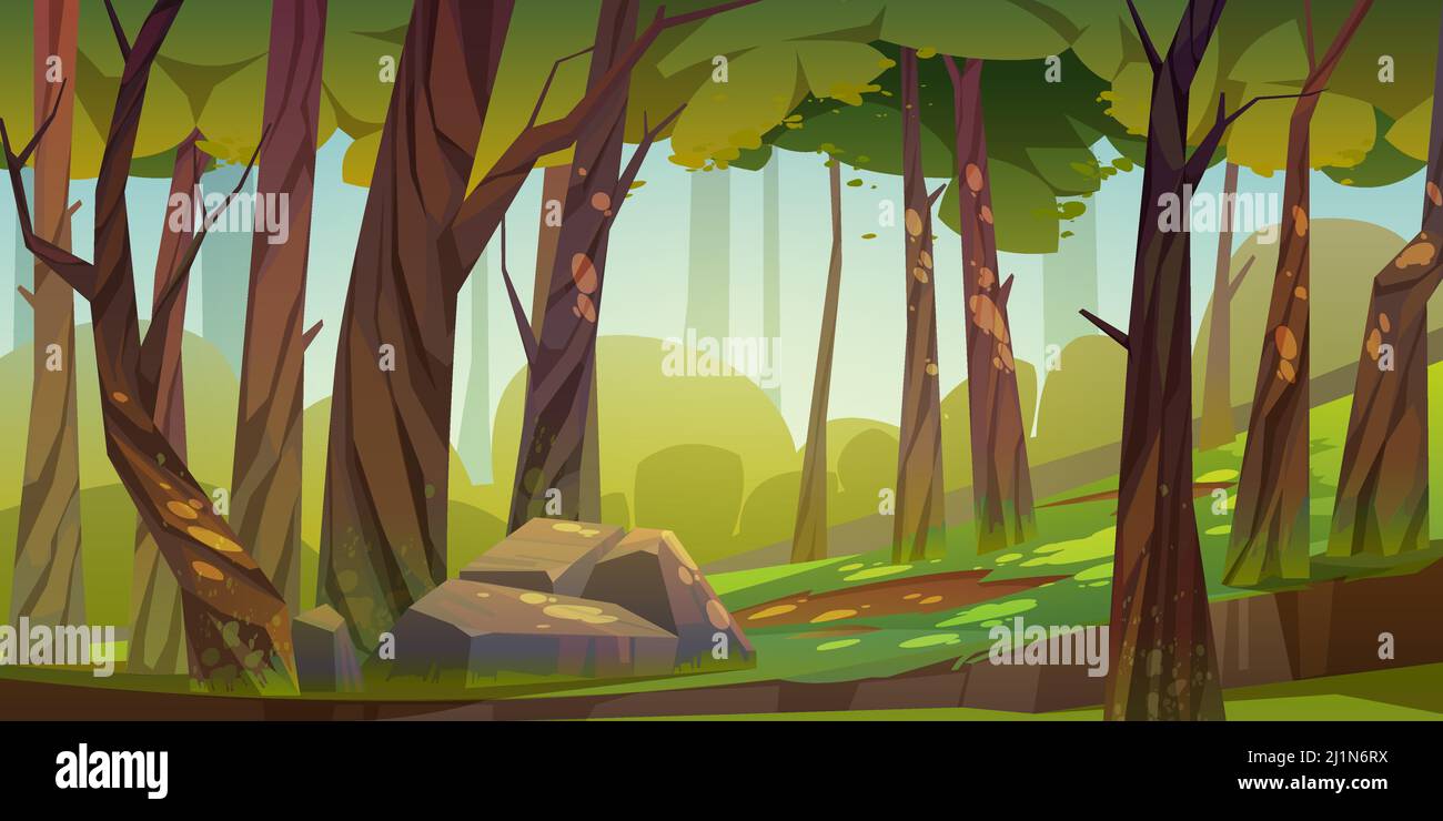 Cartoon Wald Hintergrund, Naturlandschaft mit Laubbäumen, Moos auf Stämmen und Felsen, grünes Gras, Sträucher und Sonnenflecken auf dem Boden. Landschaft Stock Vektor