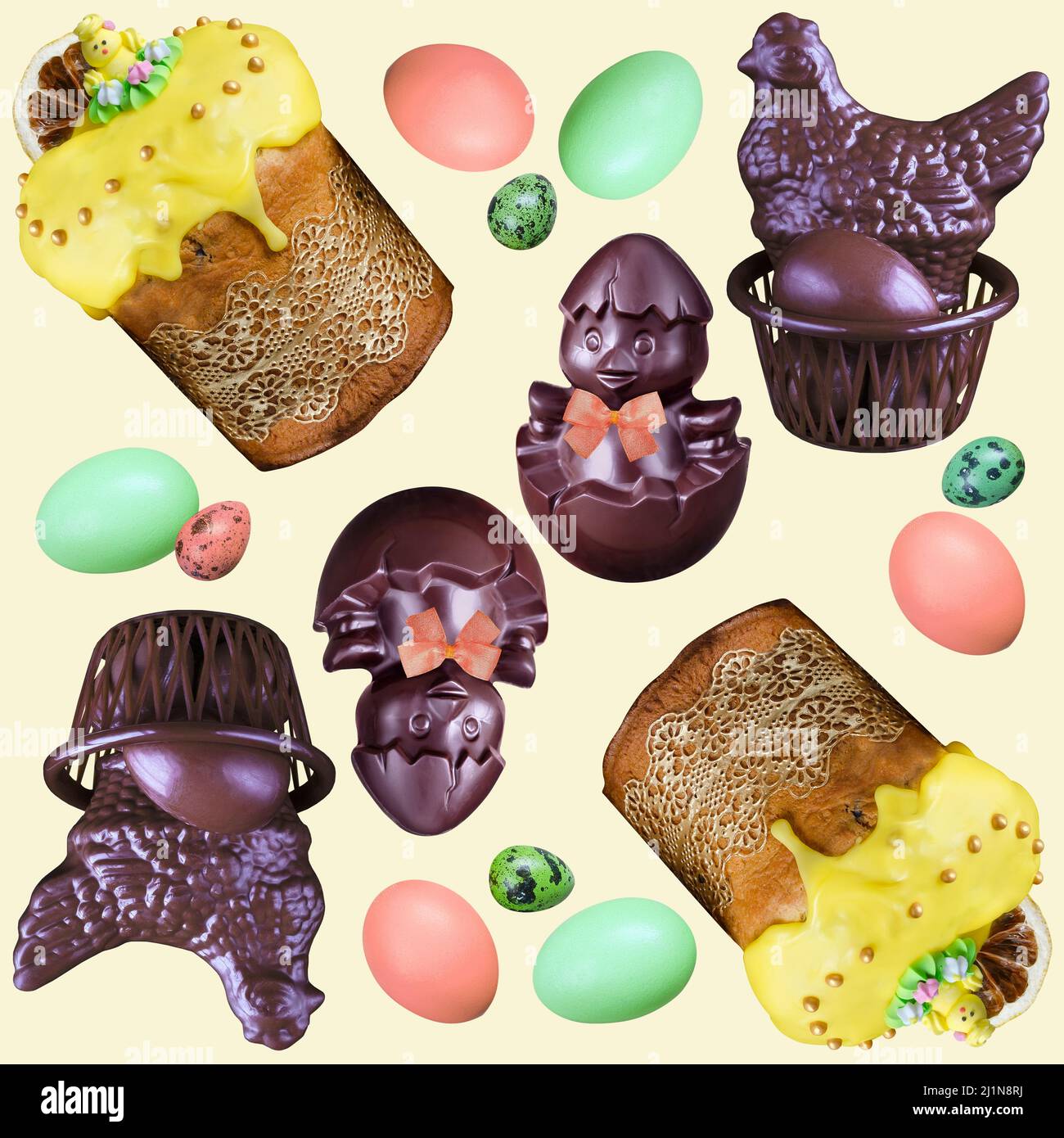 Nahtloses Ostermuster mit Kuchen, Schokoladenhühnern und bemalten Eiern. Quadratische Rahmung Stockfoto
