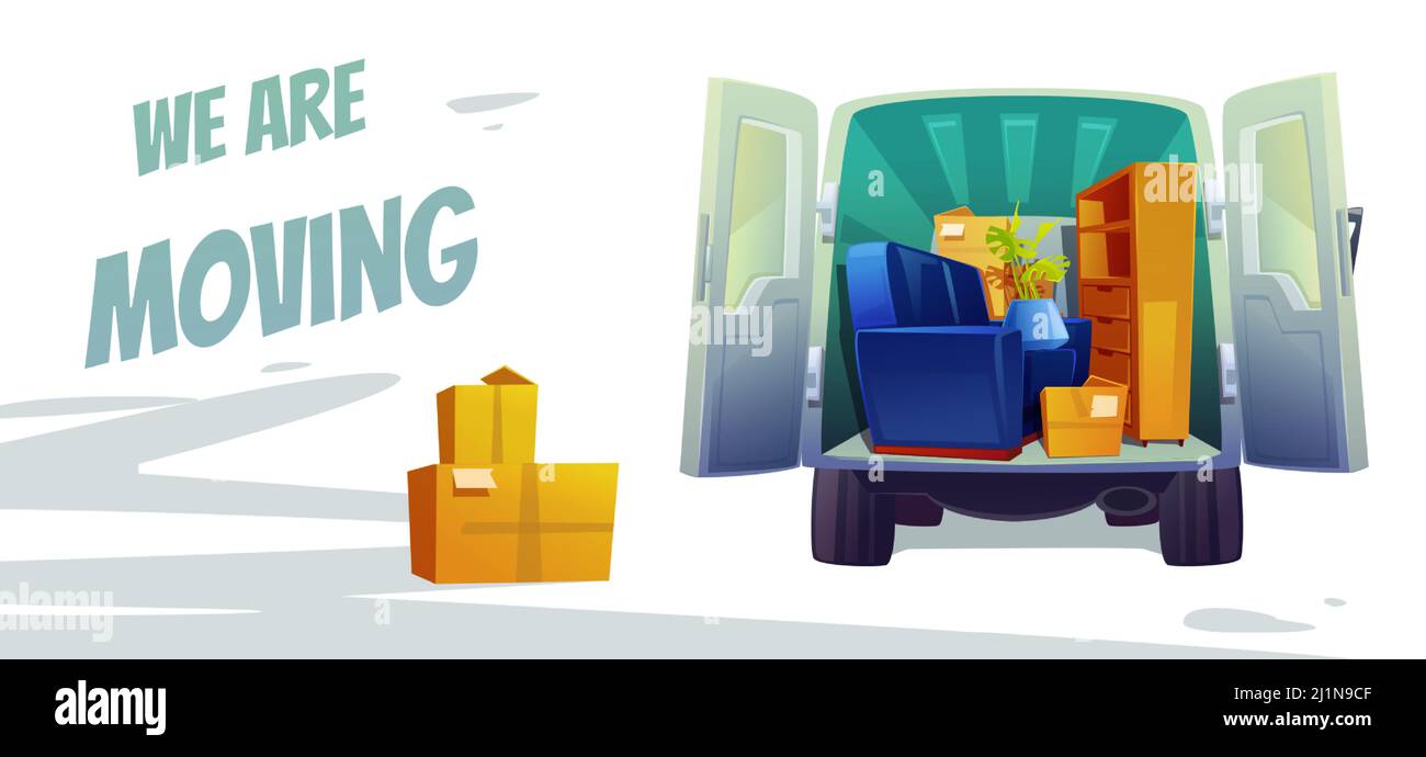 Möbellieferung, Umzugshaus-Service-Poster. Heimsachen im Auto mit offenem Kofferraum und Kartons innen. Kleines Transportunternehmen oder Tür-zu-Tür Stock Vektor