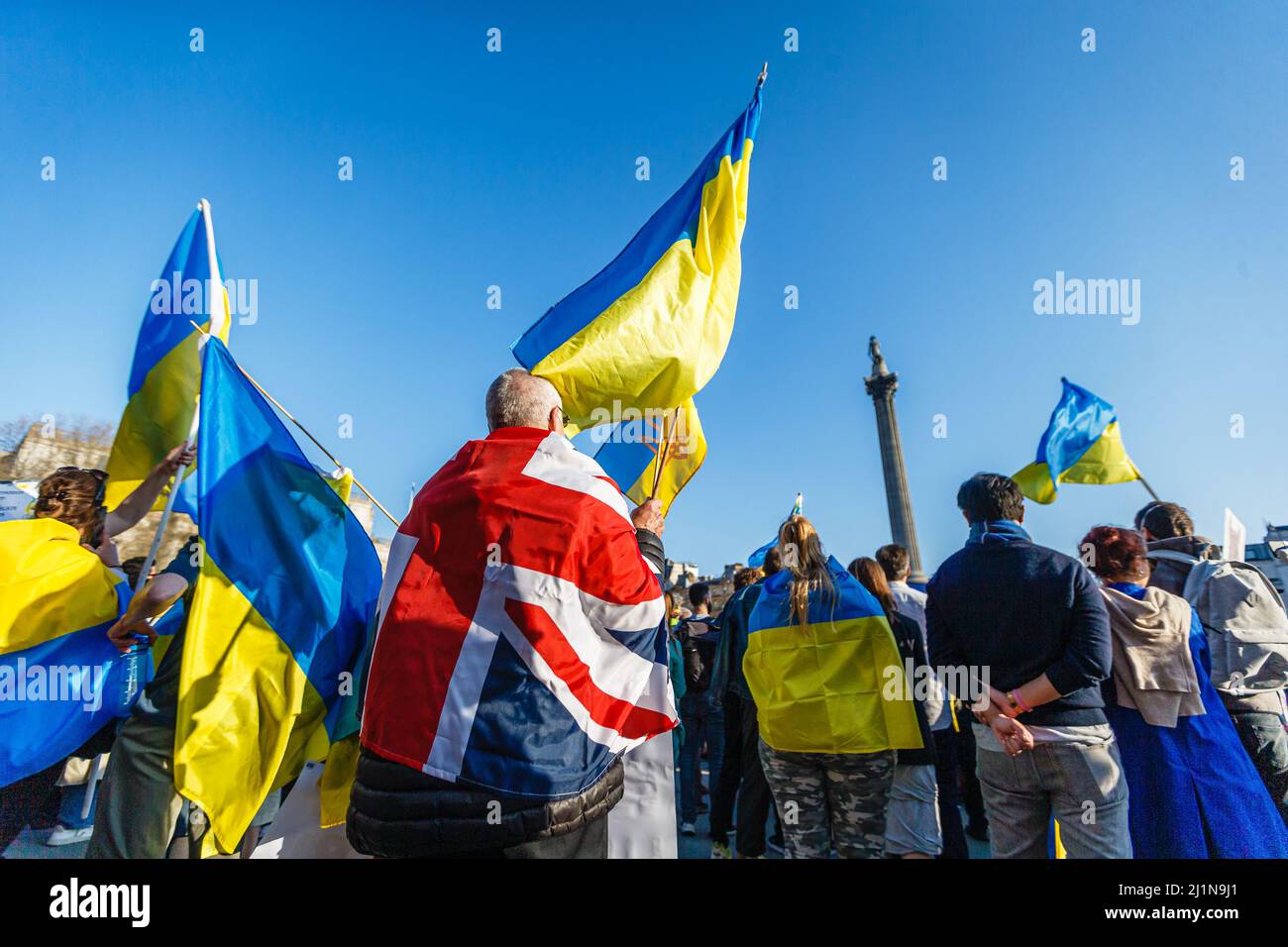 Eine Gewerkschaftsflagge unter mehreren ukrainischen Flaggen, die auf dem Trafalgar Square gegen die russische Invasion in der Ukraine protestieren. Stockfoto