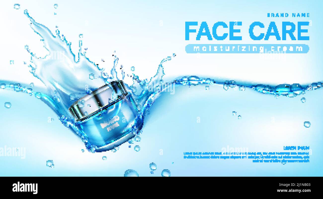 Gesichtscreme Paket in Wasser spritzen. Vektor realistische Marke Poster mit feuchtigkeitsspendenden Hautpflegegel oder Make-up-Kosmetik in Glas. Werbebanner, Adver Stock Vektor