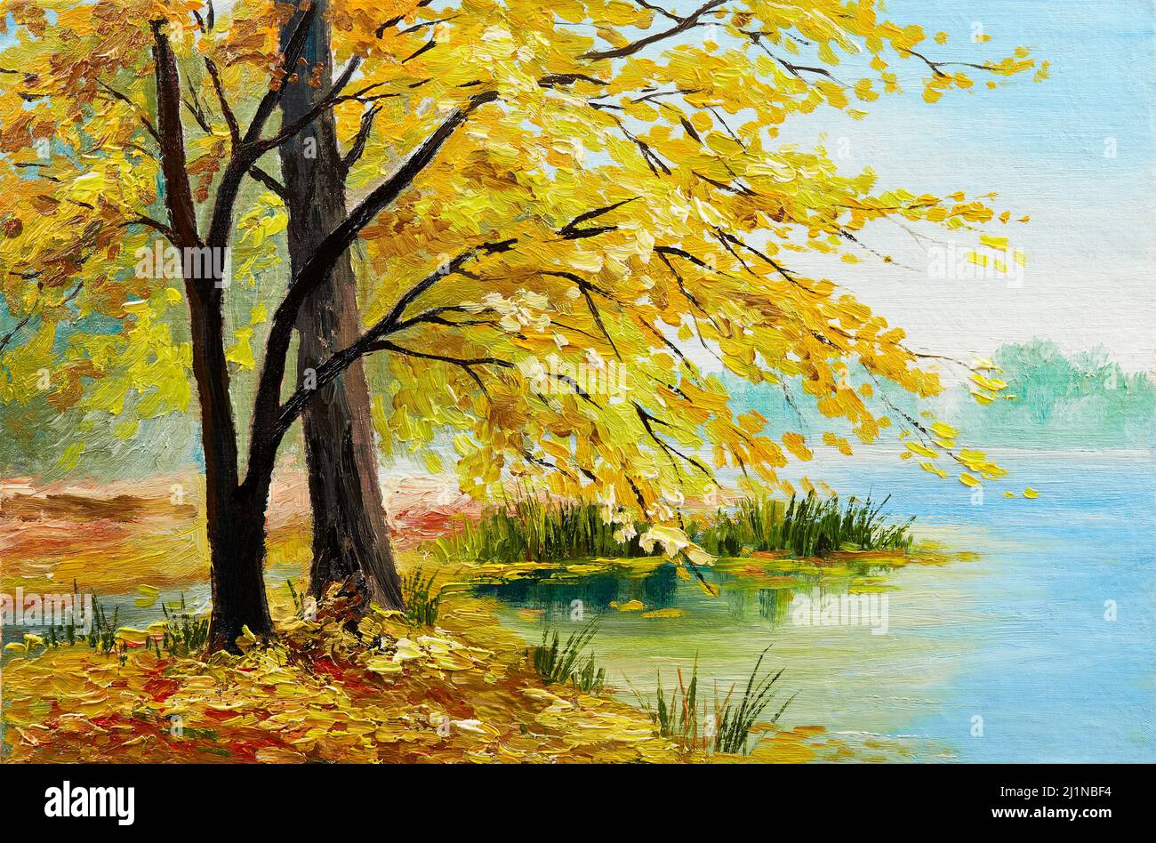 Ölgemälde - farbenfroher Herbstwald und See Stockfoto