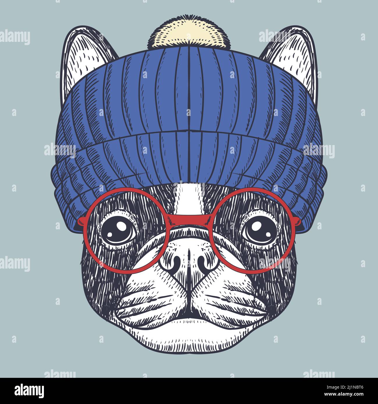 Französische Bulldogge mit roter Brille und Beanie Stock Vektor