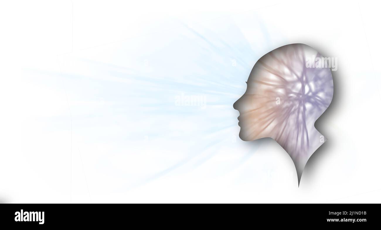 Silhouette eines menschlichen Profils Ausschnitt mit Biegung von Neuronen im Gehirn, Gewirr von Gedanken im Kopf. Stockfoto